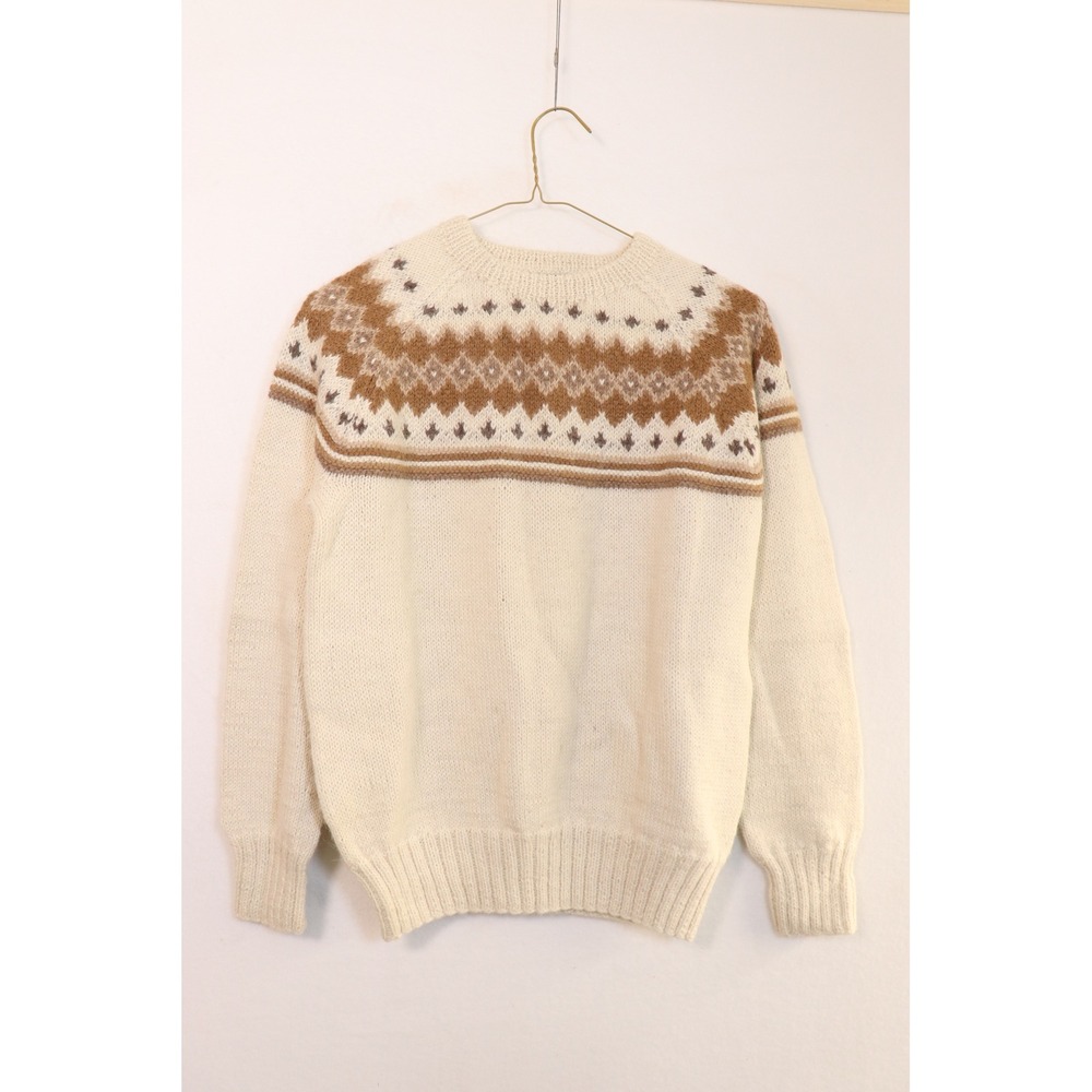 Vintage Fair Isle Knit Sweater Cream Brown Geometric Yoke Crew Neck A19